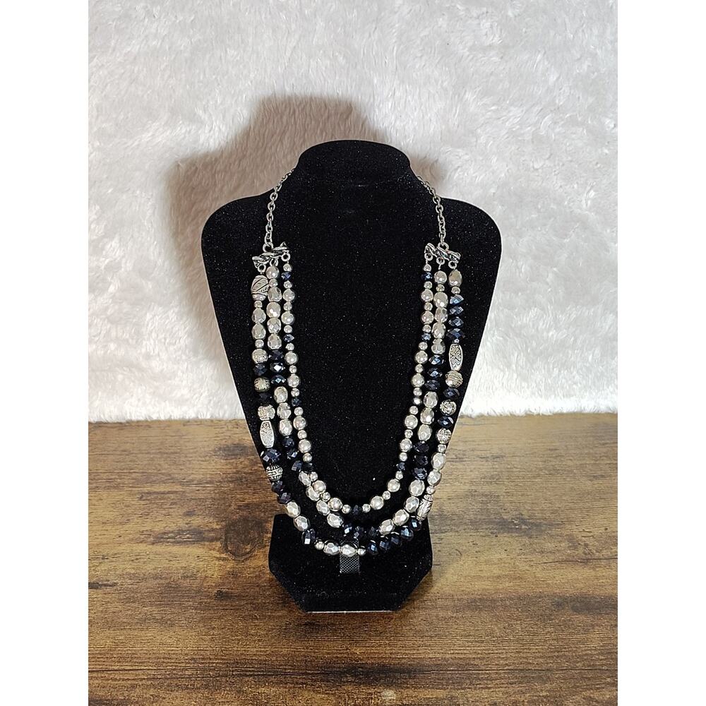 Silver & Black Multi-Strand Beaded Necklace Adjustable Chain